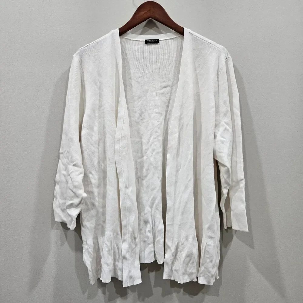 Talbots Womens Ribbed Knit Cardigan Sweater 2XP White Open Front Preppy Capsule